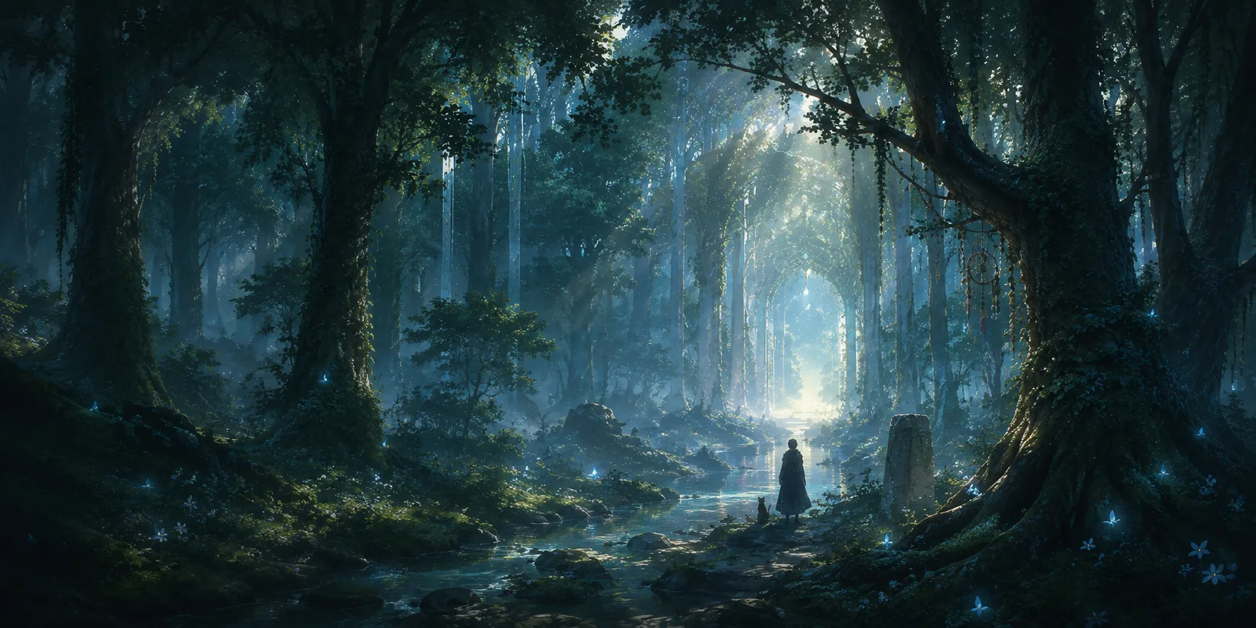 幽蓝森林深处透出晨光，灵眠与猫灵站在水边