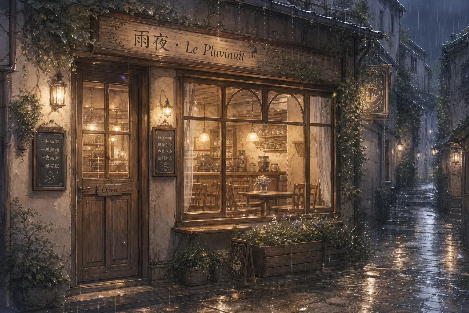 雨夜石巷尽头,咖啡店的木门与窗格透出温暖灯光